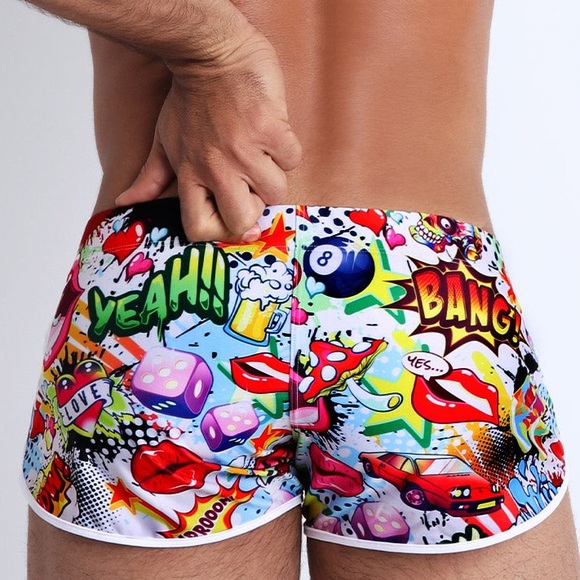 BANG! MIAMI YEAH YEAH - SWIM SHORTS SIZE MEDIUM BEACH VACATION TRENDY ARTSY - Picture 2 of 9